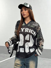 Leaf Print Patchwork Letter And Number V-Neck Long Sleeve T-Shirt